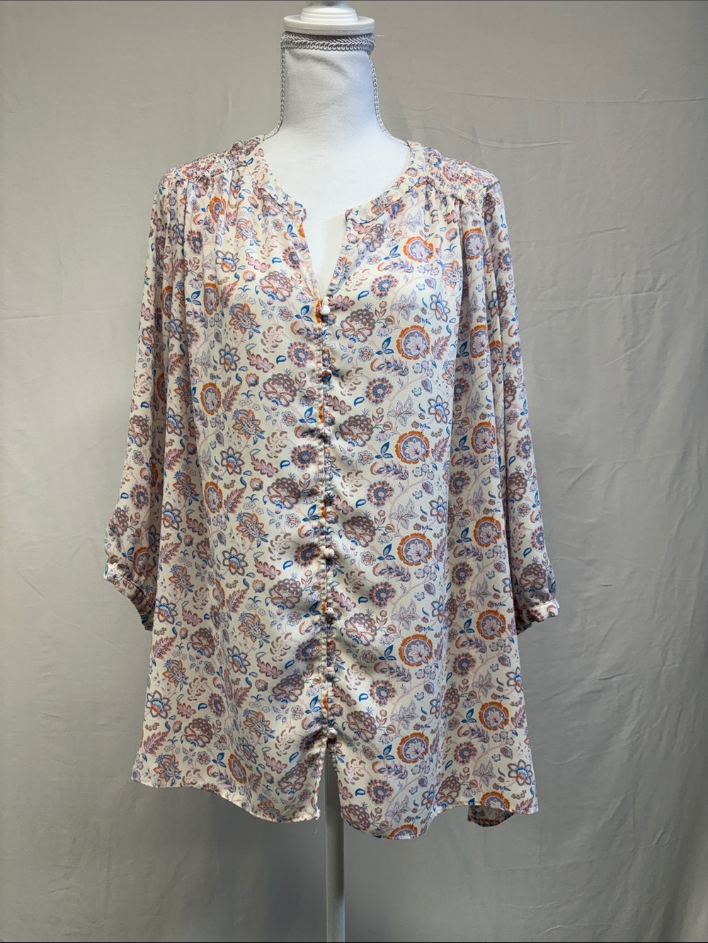 Rose & Olive Cream Floral Button-Front Peasant Blouse